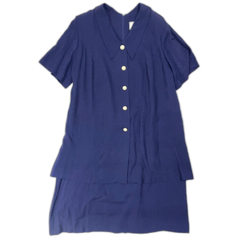Just Nicole Blue Faux Skirt Dress 22W 90s Pearl Buttons Shoulder Pads Vintage